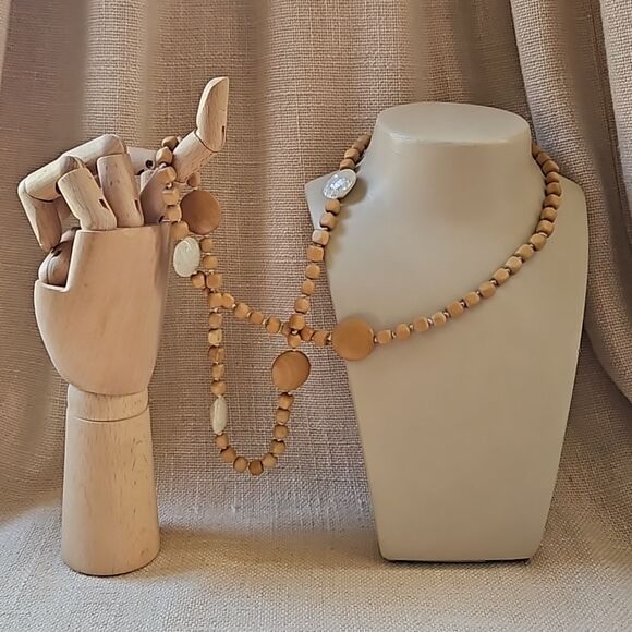38" Vintage Natural Wood & Mother of Pearl Beaded Necklace - Picture 1 of 8